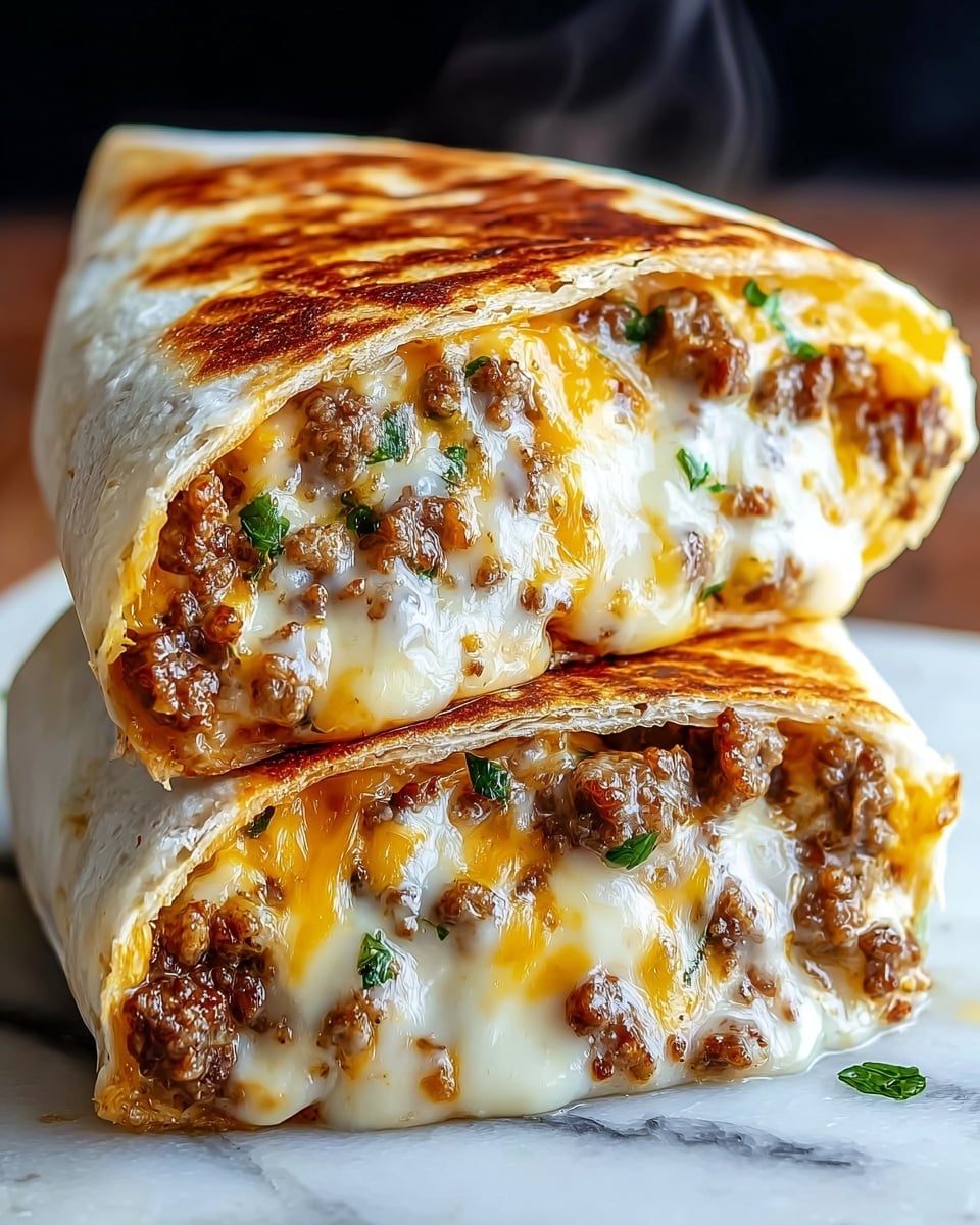 Two halves of a toasted burrito stacked on top of each other on a white marbled surface, each cut side showing three main layers: a soft, golden-brown toasted tortilla on the outside, beneath it a thick layer of melted, gooey white and yellow cheese with a creamy texture, and mixed within the cheese are small pieces of browned, cooked ground meat with a slightly crispy exterior and bits of green herbs scattered throughout, steam rises gently from the warm filling, and the burrito edges are slightly folded over to hold the filling inside, photo taken with an iphone --ar 4:5 --v 7