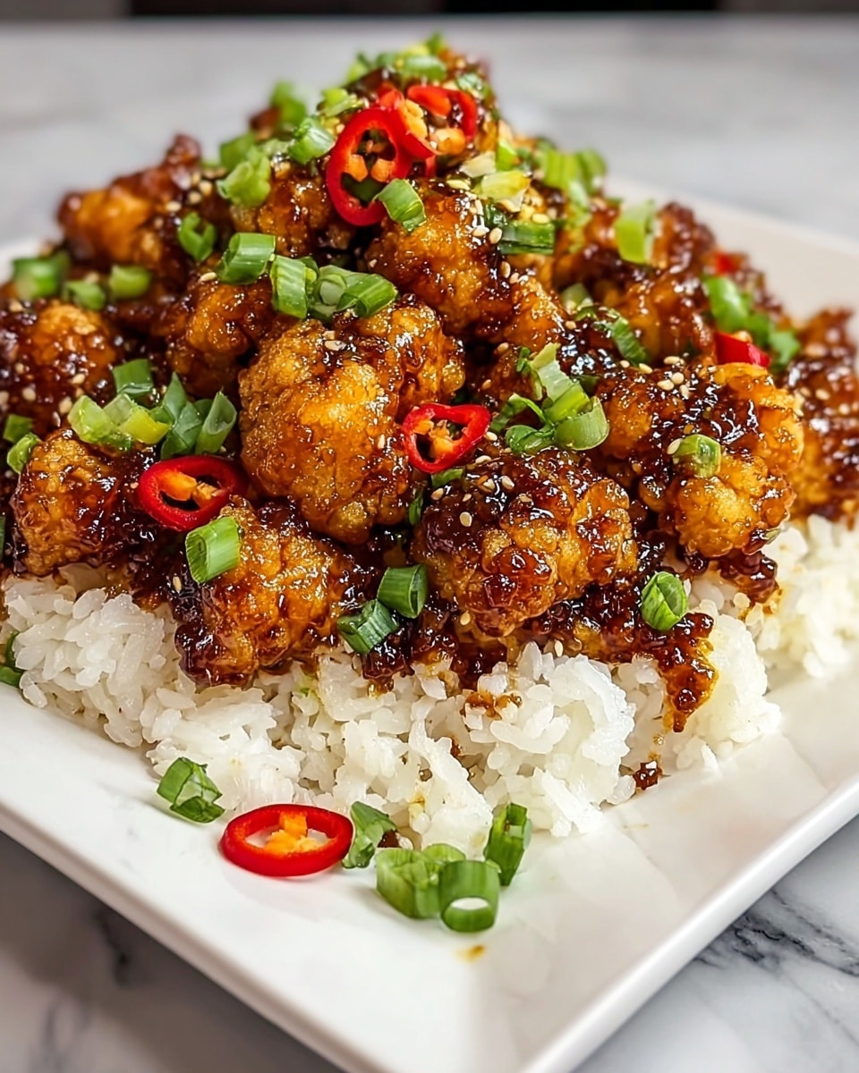 The image shows a white square plate with a bed of fluffy white rice at the bottom layer, topped with a pile of crispy, golden-brown cauliflower pieces coated in a shiny, sticky dark brown sauce. The cauliflower is garnished with chopped green onions and thin slices of red chili pepper scattered across the top, adding touches of green and red color. The plate sits on a surface with a white marbled texture. photo taken with an iphone --ar 4:5 --v 7