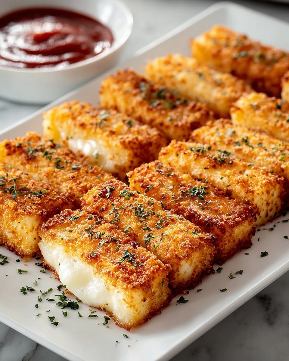 This image shows ten rectangular, golden-brown pieces of fried cheese arranged neatly on a white rectangular plate. Each piece has a crispy, textured crust with some sprinkled green herbs on top, adding contrast to the warm golden color. The cheese inside looks soft and slightly melted with a creamy white color. The plate is placed on a white marbled surface, and in the background, there is a small white bowl filled with red dipping sauce, likely ketchup, slightly out of focus. Small bits of green herbs are scattered lightly around the plate for decoration. Photo taken with an iphone --ar 4:5 --v 7