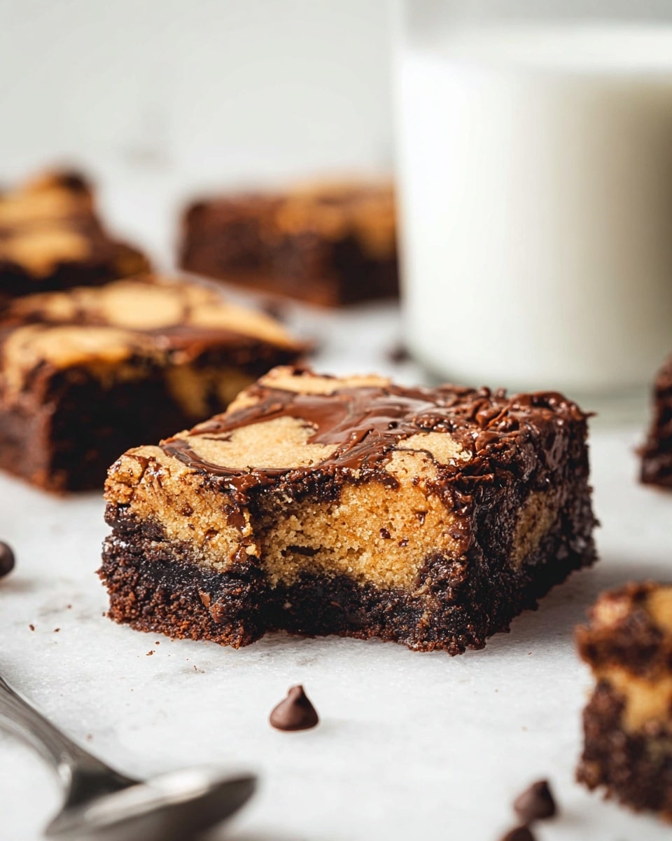 This image shows a close-up piece of a marbled bar with two visible layers: the bottom layer is dark brown, soft, and moist like a chocolate brownie, while the top layer is lighter golden-brown with a crumbly texture that looks like cookie dough, swirled unevenly with the dark chocolate below; the marbled top has slight spots of melted chocolate. Around this piece, there are more similar bars blurred in the background on a white marbled surface with small dark chocolate chips scattered. A clear glass of milk is visible behind the focus piece, and a metal spoon is blurry in the foreground. Photo taken with an iphone --ar 4:5 --v 7