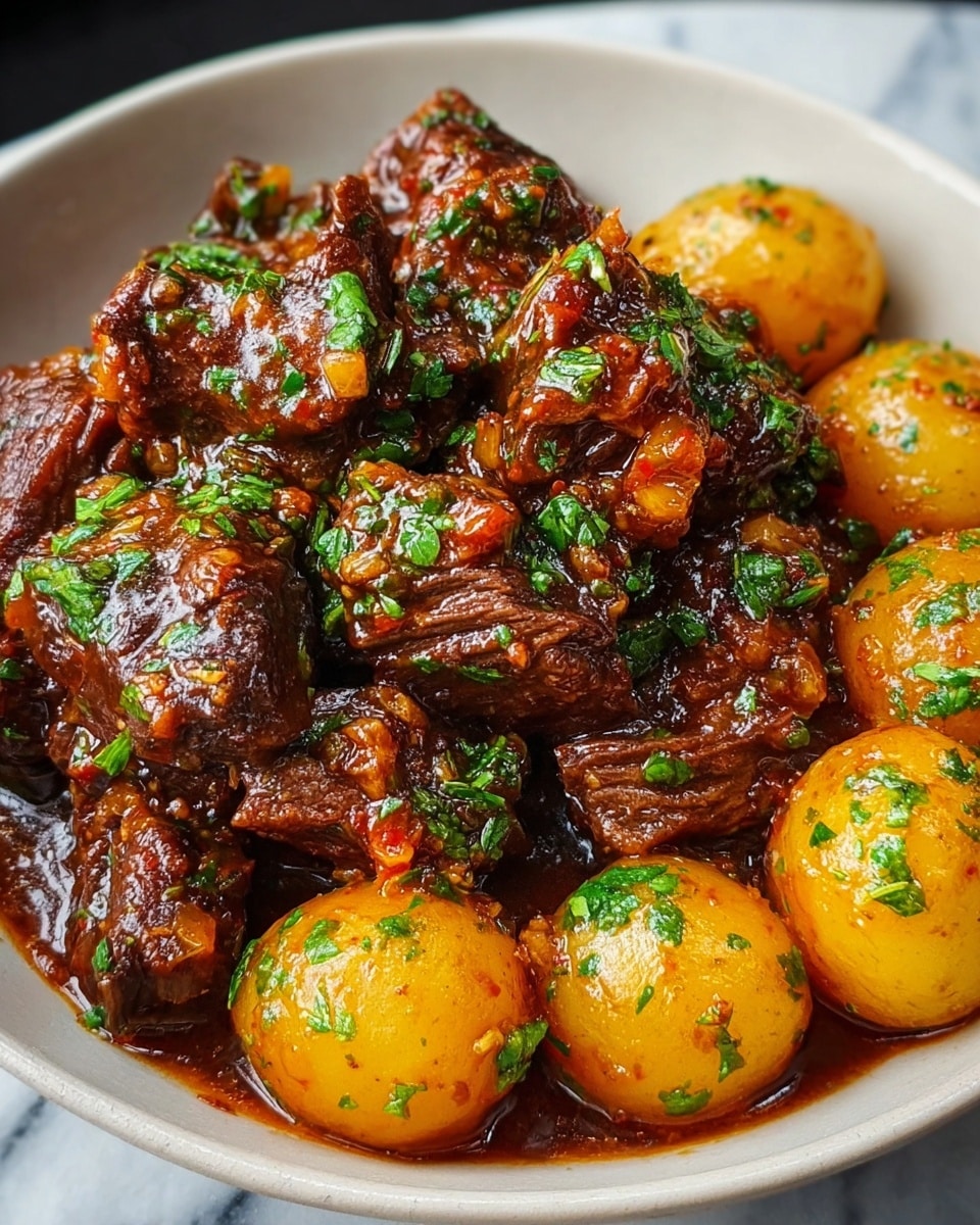 A close-up view of a bowl filled with tender chunks of dark brown stewed beef layered on top, coated in a rich, glossy reddish-brown sauce with visible small green herb pieces spread throughout. Below the meat, there are about seven round, golden-yellow baby potatoes, also covered lightly with the sauce and sprinkled with herbs. The bowl is white, and it sits on a white marbled texture surface. photo taken with an iphone --ar 4:5 --v 7