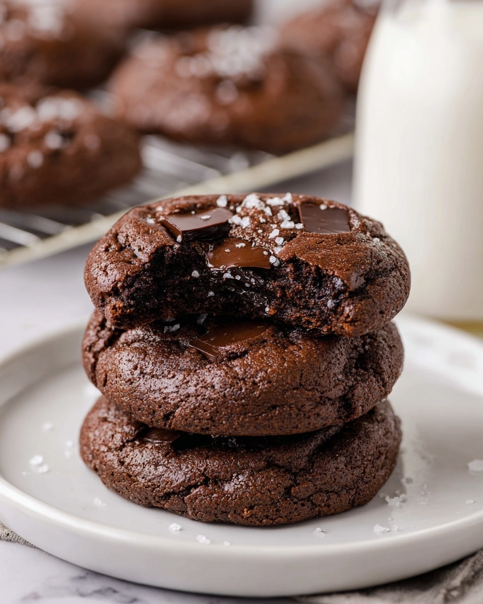 A stack of three thick, dark chocolate cookies sits on a clean white plate, with the top cookie partially bitten to reveal a soft, gooey chocolate center. The top cookie is studded with smooth chocolate chunks and sprinkled lightly with coarse salt, adding texture and shine against the matte, slightly cracked surface of the cookies. In the blurred background, more cookies rest on a cooling rack and a bottle of milk is slightly visible. The whole scene is set against a white marbled texture, highlighting the rich, deep brown tones of the cookies. photo taken with an iphone --ar 4:5 --v 7