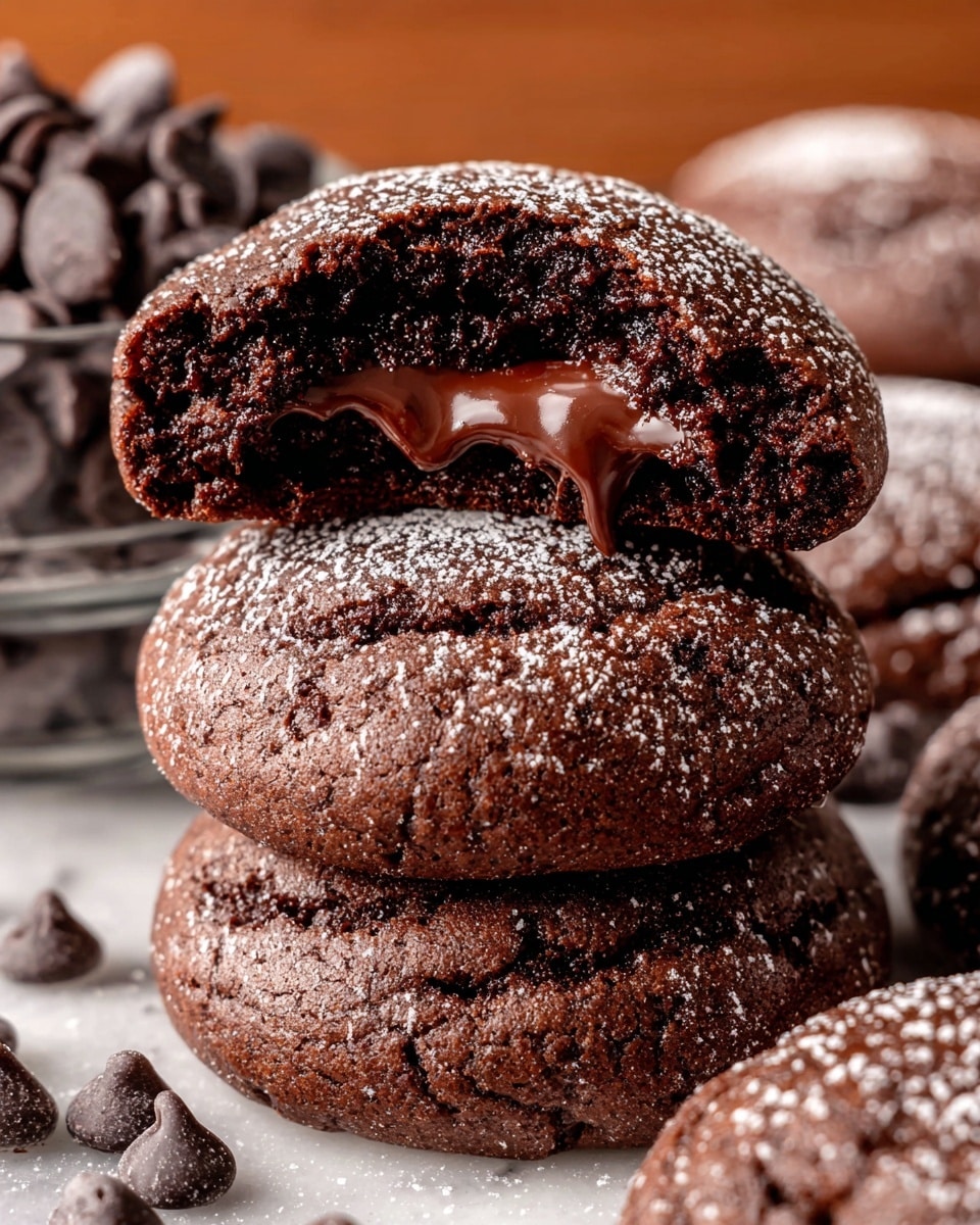 A stack of three thick, round chocolate cookies is shown with a slightly cracked top, revealing a gooey, melted dark chocolate layer inside the middle cookie. The top cookie is broken in half and placed on the stack to expose the shiny, rich chocolate filling that looks soft and flowing. All cookies are dark brown and dusted with a light sprinkle of white powdered sugar, creating a contrast against their rich color. Around the stack, more whole cookies sit on a white marbled surface, and a bowl filled with smooth, rounded dark chocolate chips is visible in the background. Photo taken with an iphone --ar 4:5 --v 7