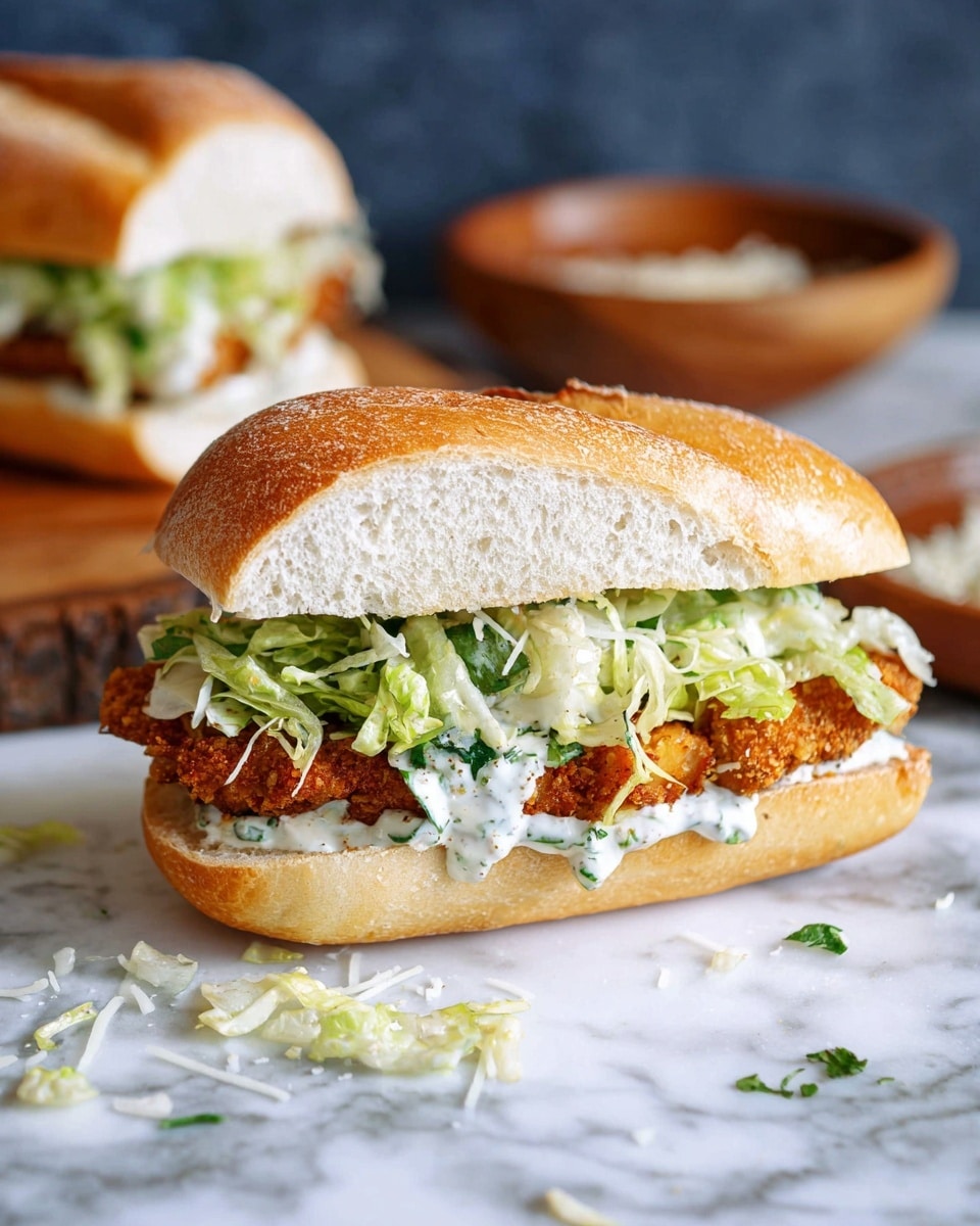 A sandwich on a white crusty baguette is shown with three clear layers: the bottom layer is the soft white inside of the bread, the middle layer is a thick, golden brown crispy fried patty, and the top layer is fresh, green lettuce mixed with a creamy white sauce. Some shredded white cheese is sprinkled on the lettuce and scattered around the sandwich on a white marbled surface. In the background, there is another sandwich and a wooden bowl slightly out of focus. Photo taken with an iphone --ar 4:5 --v 7