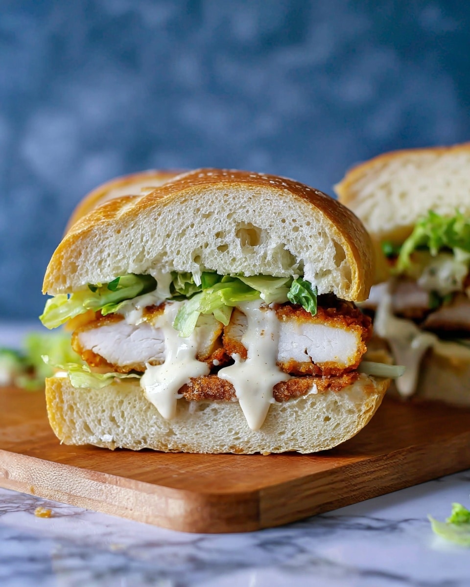 A sandwich is cut in half, placed on a wooden board over a white marbled surface, showing three main layers inside a crusty light brown bread roll. The bottom layer is the soft, airy white bread. The middle layer is a piece of crispy golden-brown fried chicken with a white inside, topped by a layer of bright green lettuce. The top layer is a creamy white sauce dripping down the side. A second half of the sandwich is slightly blurred in the background. The scene has a soft focused blue background. Photo taken with an iphone --ar 4:5 --v 7