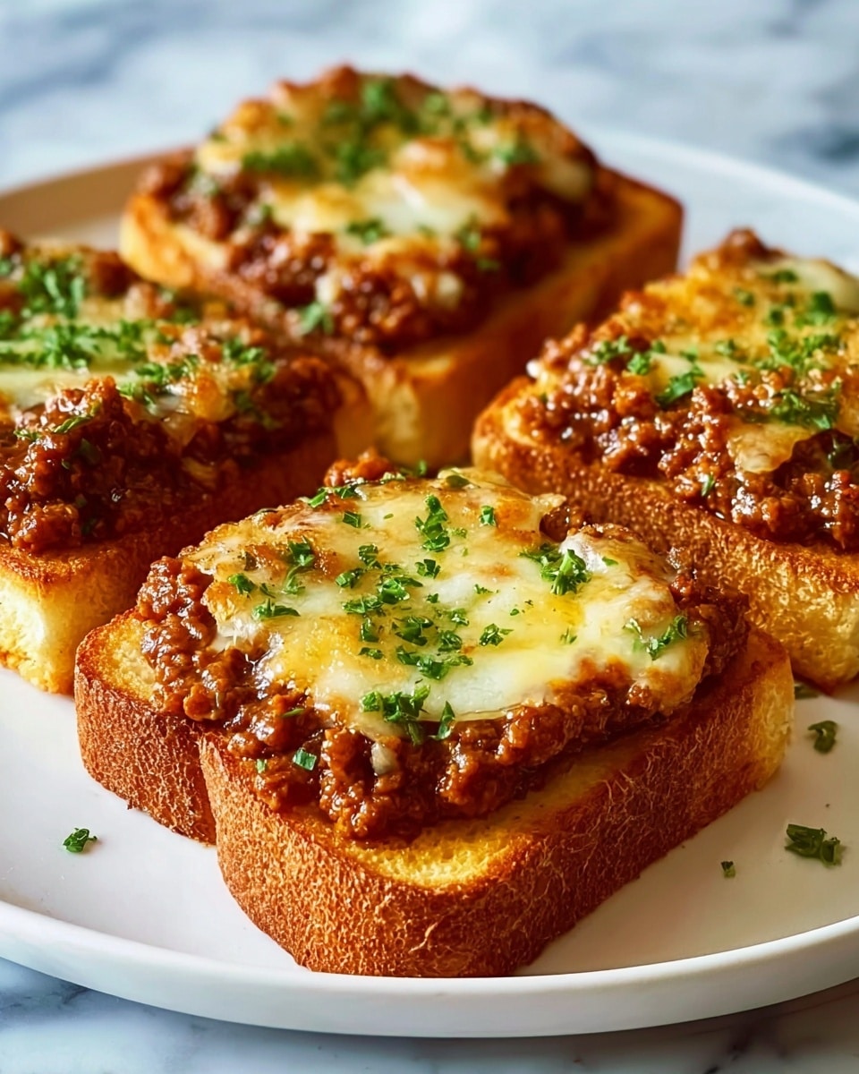 The image shows four pieces of toast arranged on a white plate with a white marbled background. Each toast has three visible layers: a thick, golden-brown toasted bread base with a slightly rough texture; a generous layer of chunky, brown meat sauce with visible bits of ground meat; and a melted layer of light yellow cheese on top, slightly browned at the edges. The dish is sprinkled with finely chopped green herbs, adding a fresh touch on top of the melted cheese. Photo taken with an iphone --ar 4:5 --v 7