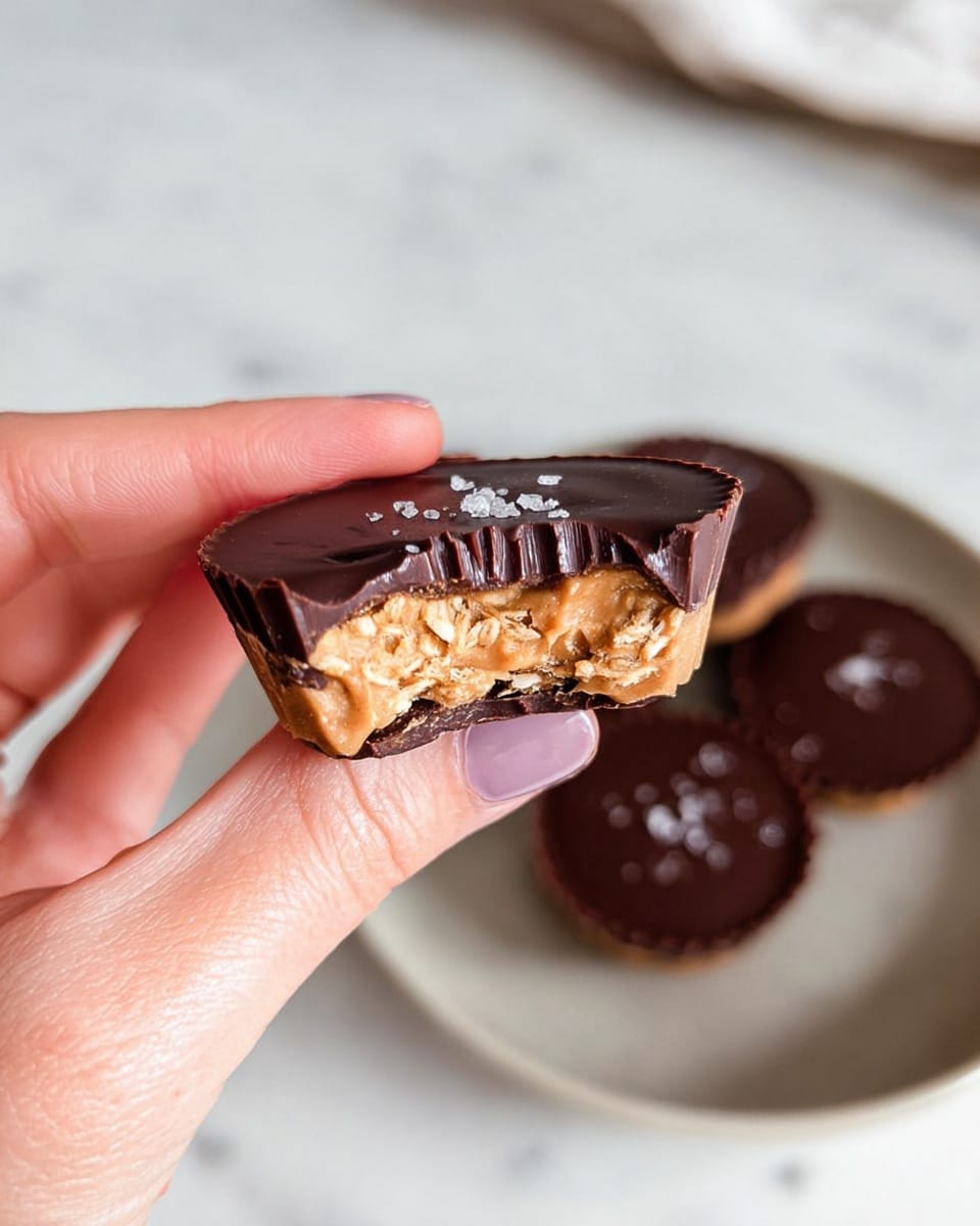 A woman's hand with light pink polished nails holds a bitten chocolate peanut butter cup, showing three distinct layers: a glossy dark chocolate top sprinkled lightly with sea salt, a creamy light tan peanut butter middle with a slightly airy texture, and a bottom layer of chunky, golden brown oat and peanut base. Below the hand, a white plate holds more whole chocolate peanut butter cups, all resting on a white marbled surface. photo taken with an iphone --ar 4:5 --v 7