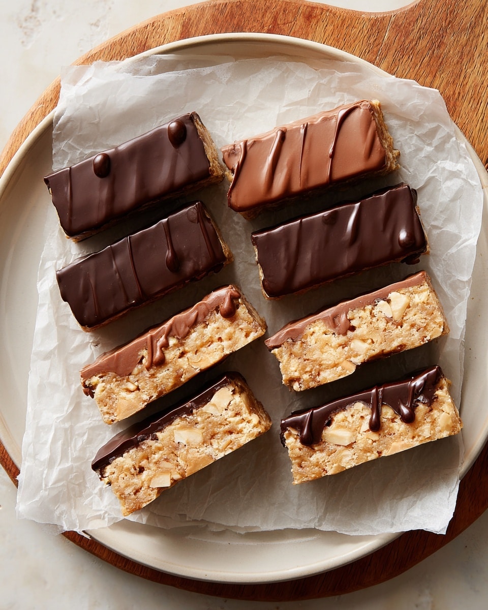 The image shows ten small rectangular treats arranged in two neat columns on crinkled parchment paper placed on a white plate. The left column has six pieces covered in a smooth, shiny dark brown chocolate coating with a few small drips at the edges. The right column has four pieces, with the top three covered in a glossy, darker chocolate layer that looks a bit thicker and uneven, and the bottom two pieces left plain, showing a light tan-colored nutty texture with visible chunks. The white plate sits on a wooden board. The overall look is clean and organized with clear differences between the chocolate-covered and plain nutty treats. photo taken with an iphone --ar 4:5 --v 7