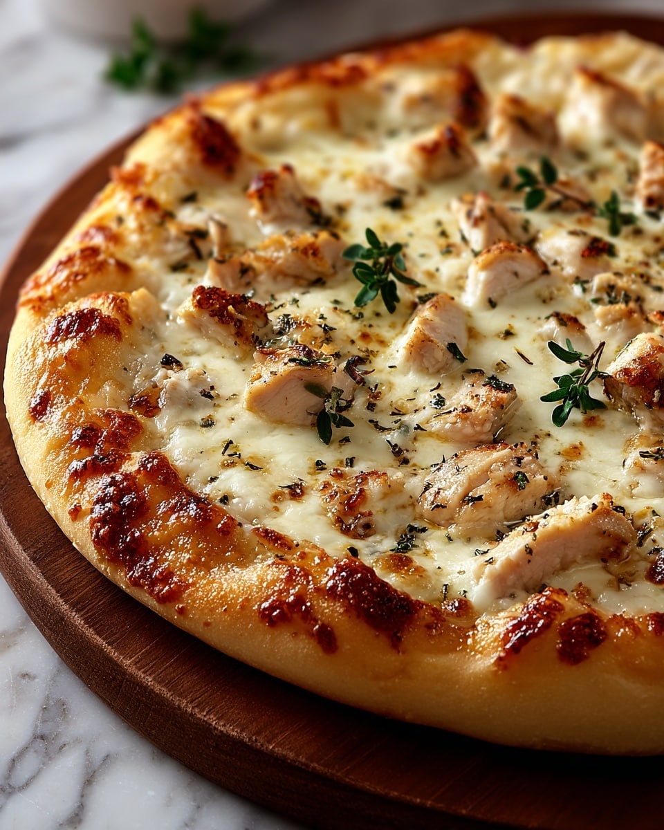 A close-up of a pizza with a thick, golden crust around the edges. The first layer is white melted cheese that covers the whole round dough evenly, with some spots browned from baking. On top of the cheese, there are small pieces of cooked chicken scattered all over, in light beige color with grill marks and herbs sprinkled all around. Small green herb leaves are placed sporadically for decoration. The pizza is set on a wooden board with a white marbled surface in the background. Photo taken with an iphone --ar 4:5 --v 7