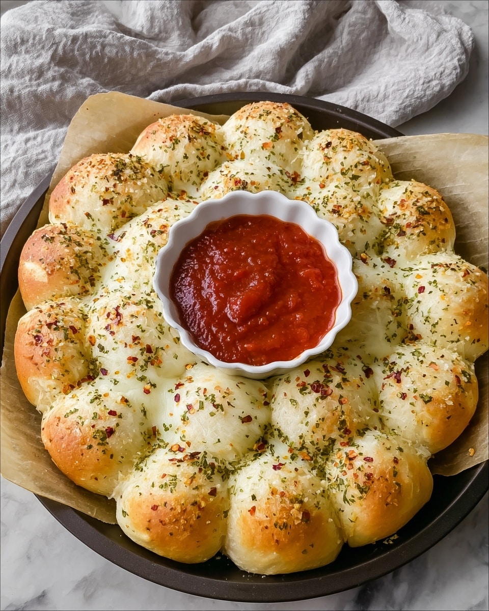 A round arrangement of 16 golden brown bread rolls forms the outer layer, each topped with a melted, white cheese layer sprinkled with green herbs and red pepper flakes, giving a slightly textured and dotted appearance. In the very center, a white scalloped bowl holds a smooth, deep red marinara sauce, creating a vivid contrast with the light-colored rolls. The whole dish sits on parchment paper over a dark round pan, placed on a white marbled surface with a light grey cloth partially visible in the background. Photo taken with an iphone --ar 4:5 --v 7