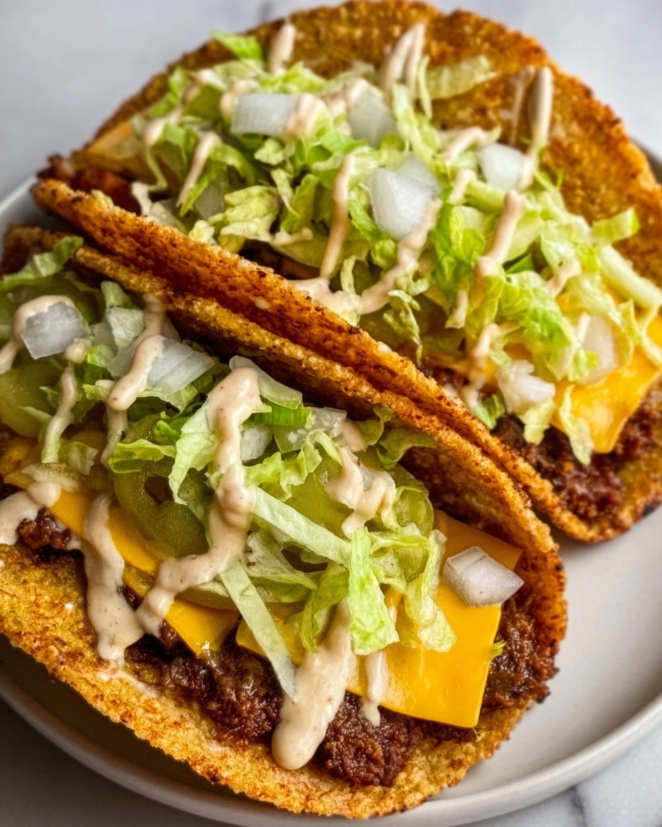 The image shows two crispy tacos on a white plate, stacked side by side. Each taco has a crunchy golden shell filled with several layers: at the bottom, a dark brown grilled meat layer with a slightly charred texture, followed by bright yellow melted cheddar cheese sitting on the meat. On top, there is a fresh green shredded lettuce layer with small pieces of diced white onions sprinkled over it. The tacos are drizzled with a light creamy sauce, adding a smooth contrast to the crunchy and fresh ingredients. The plate sits on a white marbled background. Photo taken with an iphone --ar 4:5 --v 7