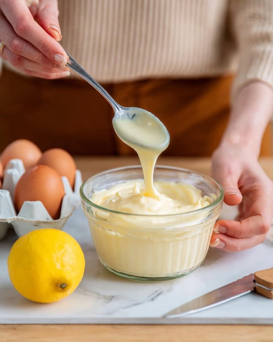 A close-up view of a clear glass bowl filled with smooth, creamy light yellow mayonnaise. The bowl is held by a woman's hand on one side, while the other woman's hand holds a silver spoon above the bowl, dripping some thick mayo back into it. To the left on a white marbled surface, a bright yellow lemon is halved, showing its juicy texture. To the right, a white egg holder holds four brown eggs, placed near a small knife with a white handle. The background is softly blurred, showing a hint of a person wearing a beige top and brown pants. Photo taken with an iphone --ar 4:5 --v 7