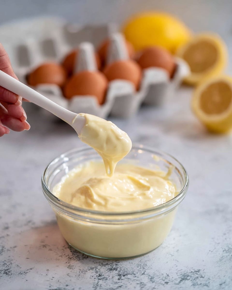 A clear glass bowl filled with a thick, creamy light yellow sauce with a smooth texture, sitting on a surface with a white marbled texture. A woman's hand is holding a white utensil dipped into the sauce, lifting some of it with a slight drip. In the background, there is a white carton holding several brown eggs and a halved yellow lemon, all slightly blurred. Photo taken with an iphone --ar 4:5 --v 7