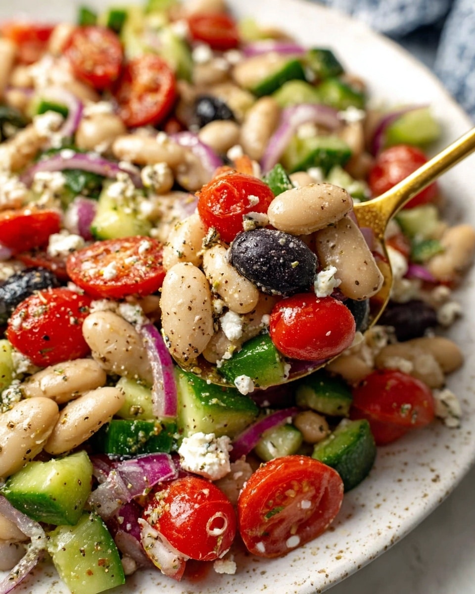 A close-up view of a colorful salad served on a white plate with a white marbled texture in the background. The salad contains multiple layers and colors: large white beans sprinkled with black pepper forming the top layer, bright red halved cherry tomatoes, sliced black olives, diced green bell peppers and cucumbers, thin slices of red onion, and small crumbles of white feta cheese mixed throughout. The textures are soft and juicy from the beans and tomatoes, with crunch from the peppers and cucumbers. A gold spoon scoops some of the salad up from the plate. Photo taken with an iphone --ar 4:5 --v 7