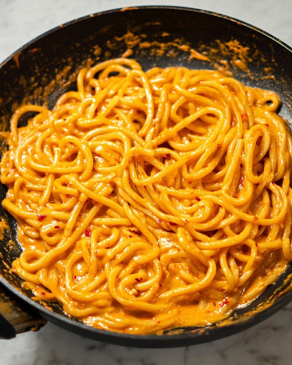 The image shows a black pan filled with thick, round noodles coated evenly in a creamy orange sauce, which has a smooth and glossy texture with some small red chili flakes scattered throughout. The noodles are intertwined and piled in a slightly messy way, creating soft loops and curves. The sauce clings to each noodle, giving them a rich and appetizing look. The pan edges are splattered with the sauce, adding a casual, cooked-in feel. The background is a white marbled texture. photo taken with an iphone --ar 4:5 --v 7