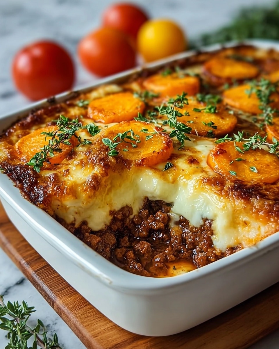 A white rectangular dish filled with a layered baked casserole. The bottom layer is a rich, dark brown ground meat mix with visible small chunks and a glossy texture. Above it is a creamy, melted layer of white cheese that stretches slightly where it meets the meat. The top layer features golden-brown baked cheese slices with slightly crispy edges, interspersed with soft orange-tinted slices of vegetables or cheese. Fresh green herb sprigs, likely parsley and thyme, are scattered on top, adding a fresh contrast. The dish rests on a wooden board, with blurred red and yellow tomatoes in the background on a white marbled surface. Photo taken with an iphone --ar 4:5 --v 7