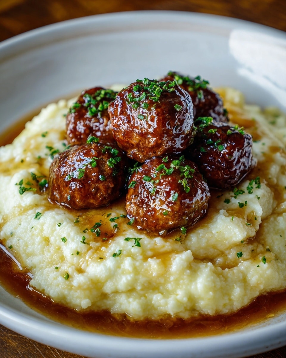 A white plate holds a dish with two main layers: the bottom layer is a creamy, light yellow mashed texture spread evenly over the plate with small lumps for a rich, homemade look; on top are six glossy brown meatballs coated in a shiny sauce, stacked in a small pyramid shape, sprinkled with finely chopped green herbs. The sauce pools slightly around the edges of the mashed layer, adding a warm, glossy contrast. photo taken with an iphone --ar 4:5 --v 7
