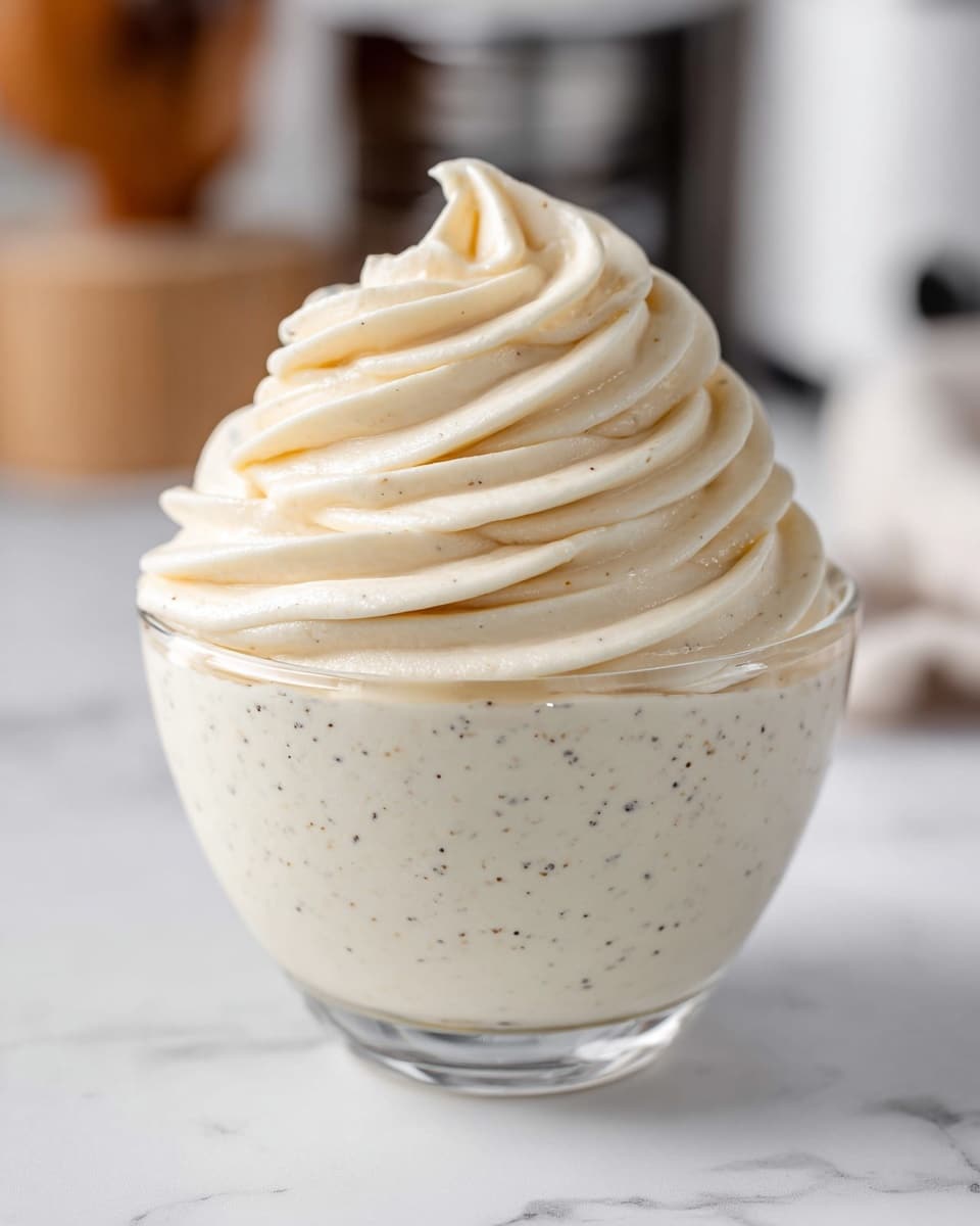 A glass dessert cup is filled with two main visible layers of smooth, creamy vanilla mousse. The bottom layer is a thick, pale cream color with tiny black vanilla specks mixed throughout. On top, there is a large swirl of the same creamy mousse, piped in concentric circles rising in a peak at the center, showing a soft and fluffy texture. The dessert cup is set on a surface with a white marbled texture, with blurred kitchen items softly visible in the background. photo taken with an iphone --ar 4:5 --v 7