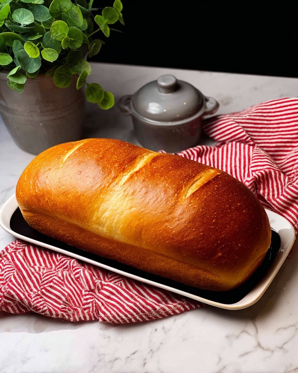 A large loaf of bread with a smooth, golden-brown crust is placed on a long, white plate. The bread shows three light slashes on the top, adding a textured detail to the warm, shiny surface. The plate sits on a surface with a white marbled texture. In the background, a gray small butter dish with a lid is positioned next to a red-and-white striped cloth that looks soft and casually laid out. A green potted plant with round leaves is visible partially at the back left. The whole scene is well-lit, giving a fresh and inviting look. photo taken with an iphone --ar 4:5 --v 7