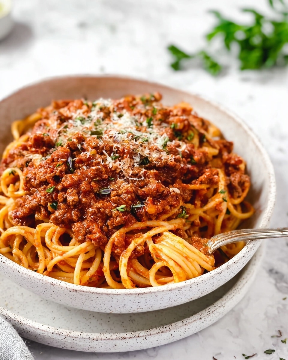 A bowl filled with twisted strands of yellow spaghetti, thickly covered in reddish-brown meat sauce with fine chunks of ground meat. The sauce layer is rich and chunky, spilling over the noodles that peek through underneath. Small bits of green herbs are sprinkled over the top for added color, along with tiny shavings of white cheese. The white speckled bowl rests on a matching plate, placed on a white marbled surface with a silver fork partly buried in the pasta. In the background, some blurred green herbs add a fresh touch. Photo taken with an iphone --ar 4:5 --v 7