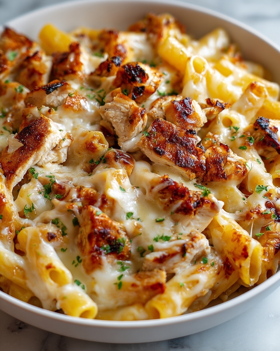 The dish shows a close-up of baked pasta layered with golden-brown grilled chicken pieces that have slightly charred edges, mixed throughout. The pasta is coated in melted, creamy cheese that has some browned spots from baking, covering the entire surface and filling the gaps between pasta and chicken. Small green herb bits are sprinkled over the top, adding color contrast. The food is inside a white bowl sitting on a white marbled surface. photo taken with an iphone --ar 4:5 --v 7