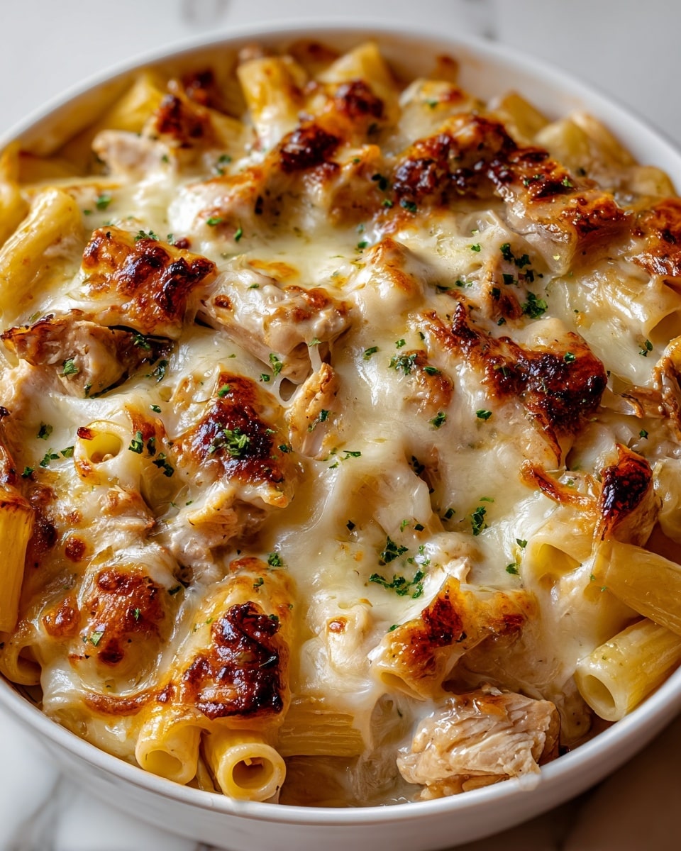 A close-up view of a baked dish in a white bowl, showing one main layer of cooked pasta tubes mixed with pieces of browned chicken scattered on top, all coated in melted, gooey white cheese that has golden brown spots from baking; small bits of chopped green herbs are sprinkled over the whole dish, resting on a white marbled surface. photo taken with an iphone --ar 4:5 --v 7