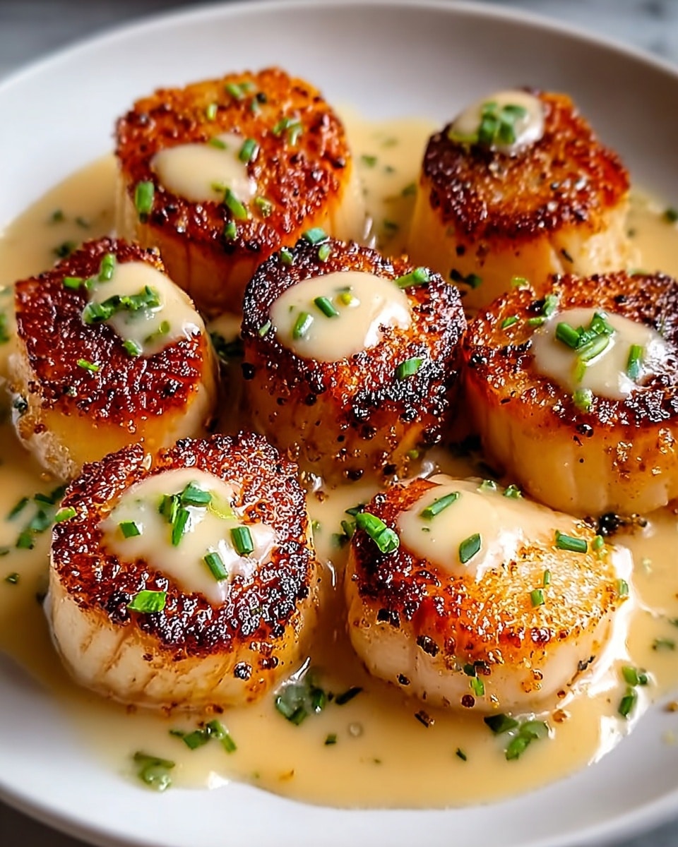 The image shows a white plate with about eight golden-brown seared scallops arranged closely together. Each scallop has a rich caramelized crust with a slightly crispy texture on the edges, and the inside appears tender and moist. A creamy beige sauce is drizzled on top of each scallop and pools slightly on the plate, adding a smooth texture. Small pieces of fresh green herbs are scattered on top of the scallops and sauce, adding a pop of color. The scene is set on a white marbled surface. photo taken with an iphone --ar 4:5 --v 7