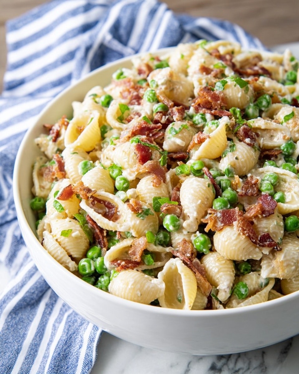 A large white bowl filled with a creamy pasta salad made of small shell pasta, bright green peas, and crispy brown bacon pieces. The pasta shells are light yellow with a smooth, slightly shiny texture coated with a white dressing. The green peas are scattered evenly throughout, adding bursts of vibrant green color, while the bacon bits create a crunchy texture with their reddish-brown color. The dish is placed on a white marbled surface with a blue and white striped cloth partially visible in the background, giving a fresh and inviting look. Photo taken with an iphone --ar 4:5 --v 7