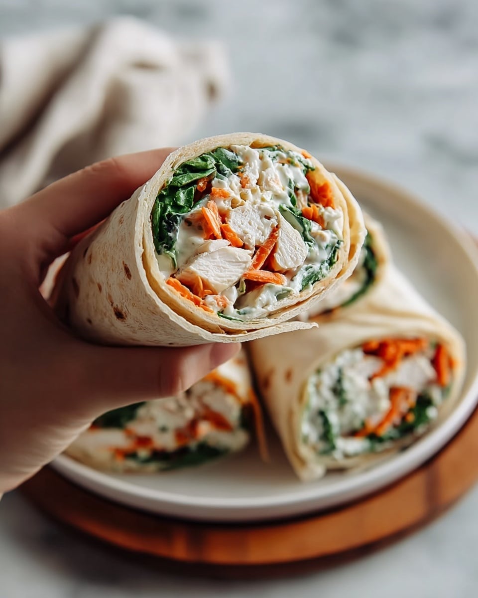 A close-up of a woman's hand holding one half of a wrap sandwich showing inside layers clearly, which include a light beige soft tortilla shell wrapped around visible layers of white chicken pieces, green leafy spinach, orange shredded carrots, and creamy white spread. Two more similar wrapped halves sit on a white plate with a wooden texture, placed on a white marbled surface in the background. The focus is sharp on the held wrap, with the background softly blurred. photo taken with an iphone --ar 4:5 --v 7