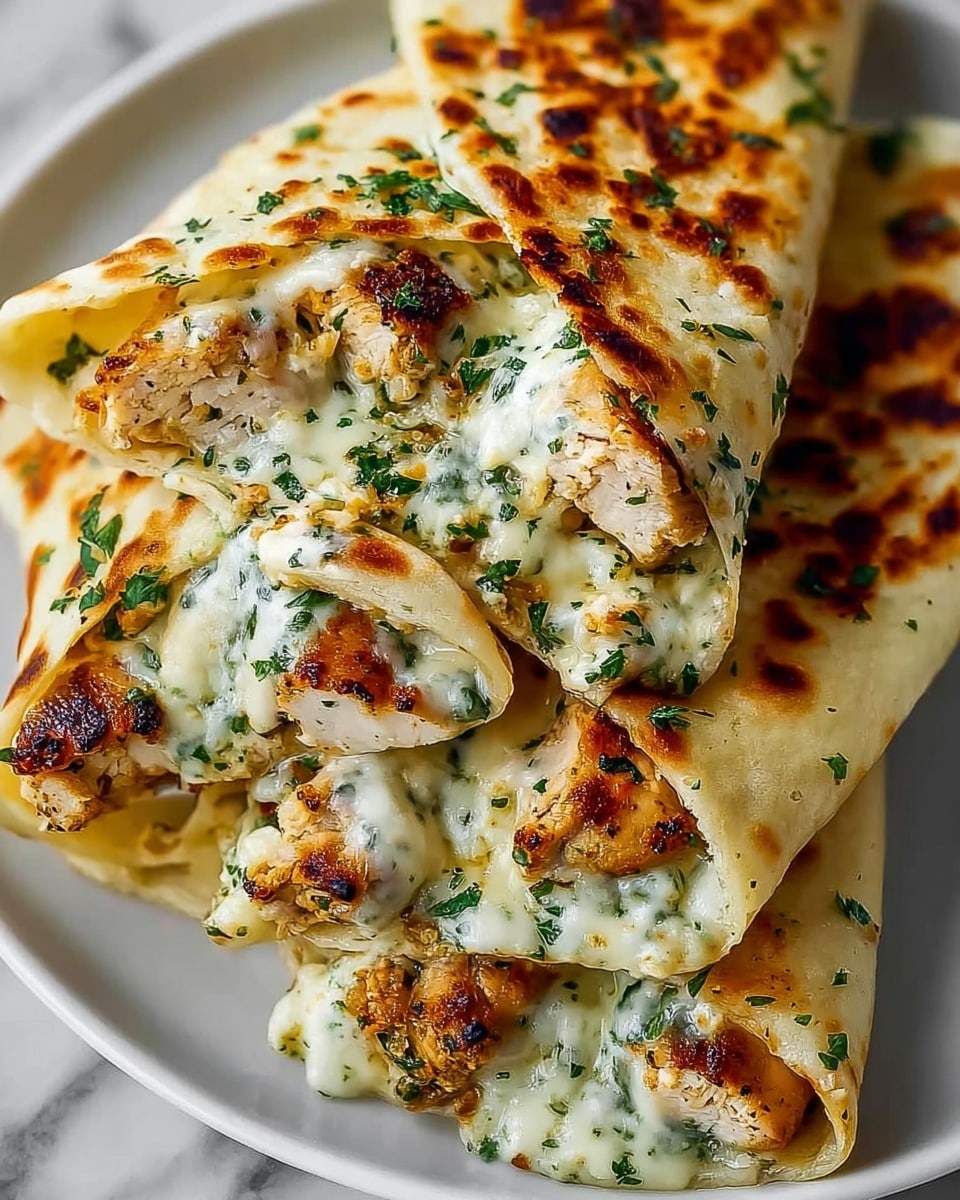 A close-up view of three folded flatbreads stacked on a white plate on a white marbled surface, each filled with grilled chicken pieces that are golden brown with slight char marks, and melted white cheese mixed with finely chopped green herbs, creating a creamy, textured filling. The top flatbread shows crispy browned spots on its surface and sprinkled green herbs on top, with the cheese oozing slightly from the edges. photo taken with an iphone --ar 4:5 --v 7