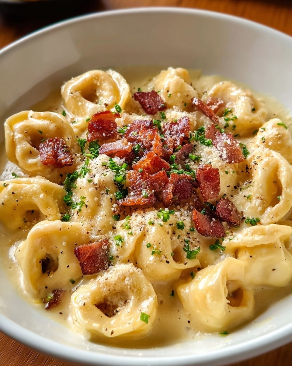 A close-up of a white bowl filled with creamy tortellini pasta, covered in a smooth, light yellow cheese sauce. The tortellini are round with visible folds and edges, coated evenly with the sauce. On top, small pieces of crispy, browned bacon are scattered, along with a sprinkle of finely chopped green herbs and a light dusting of grated cheese and black pepper. The bowl sits on a wooden surface. photo taken with an iphone --ar 4:5 --v 7