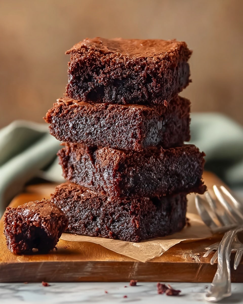 A stack of four rich, dark brown brownies with a slightly cracked, glossy top layer, showing a moist and dense texture inside. The brownies are cut into squares and stacked unevenly on a piece of parchment paper on a wooden board, with small crumbs around them. In front, a small chunk has been broken off from one brownie, revealing the crumbly interior. The background is blurred with a neutral, warm tone, and there are two silver forks laying on the parchment paper near the brownies. The surface beneath the board has a white marbled texture. photo taken with an iphone --ar 4:5 --v 7