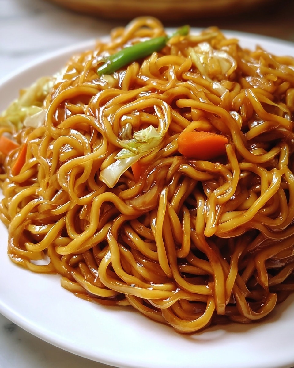 A close-up view of a mound of glossy stir-fried noodles on a white plate, showing thick yellow noodles mixed with small pieces of orange carrot, green scallion, and light-colored cabbage, all coated in a shiny brown sauce, with the noodles piled in loose curls and layers, resting on a white marbled surface. photo taken with an iphone --ar 4:5 --v 7