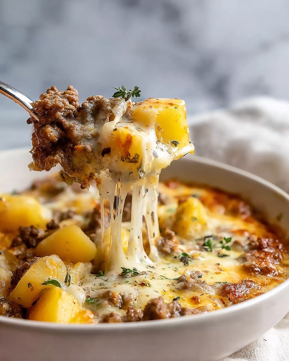 A close-up of a white bowl filled with a layered dish, showing browned ground meat and chunks of yellow potatoes mixed with melted, stringy cheese that pulls from the bowl as a spoon lifts a serving. The melted cheese layer on top is golden with some browned spots, sprinkled with small green herb leaves. The bowl sits on a white marbled surface with a soft, blurred background. photo taken with an iphone --ar 4:5 --v 7