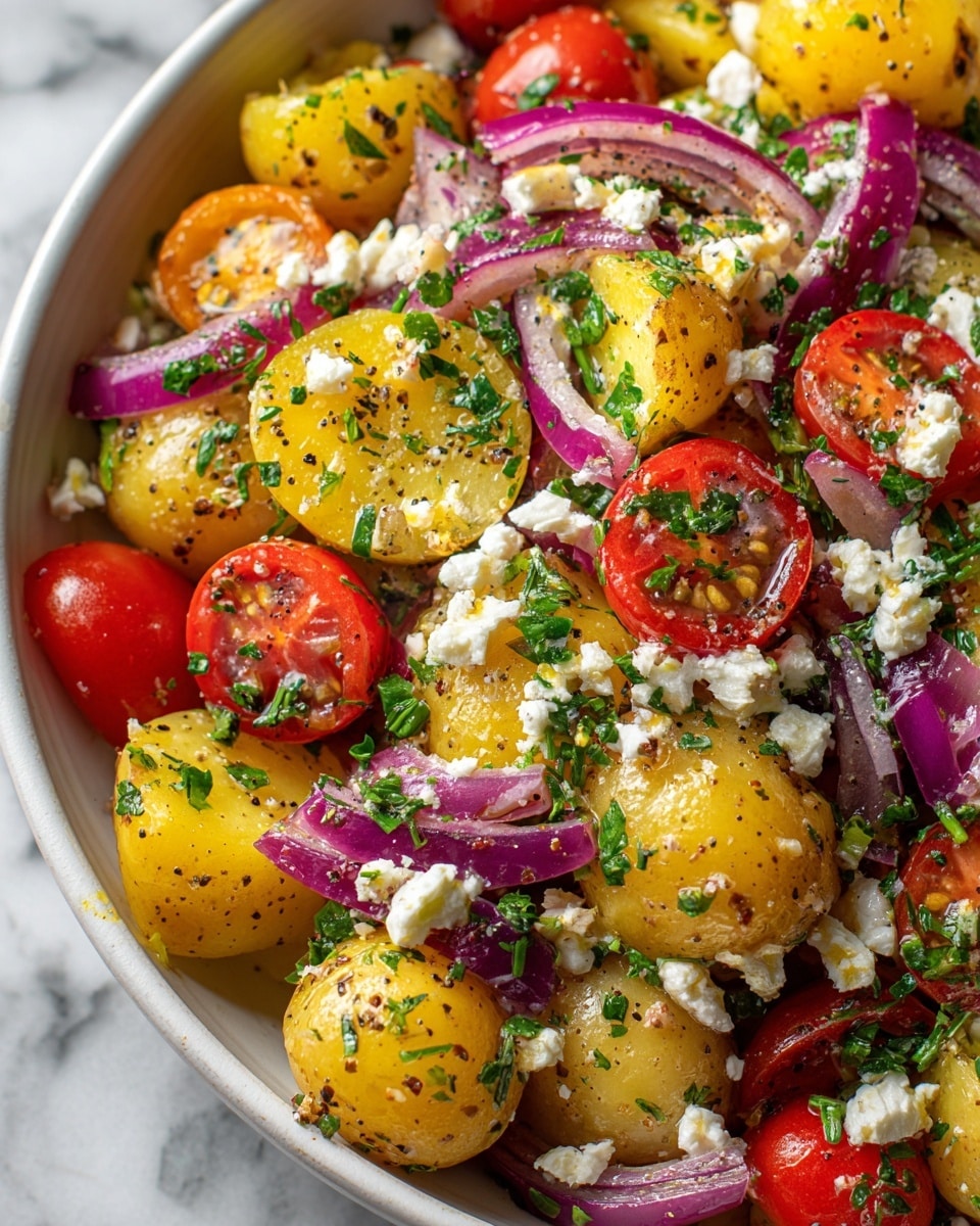 A close-up of a potato salad served in a white bowl, filled with several layers of small yellow potatoes, whole red cherry tomatoes, chopped purple onions, and white crumbled cheese scattered on top. The salad is mixed with green chopped herbs and specks of black pepper visible on the potatoes and vegetables. The bowl rests on a white marbled texture, with the colorful vegetables and herbs creating a fresh and vibrant look. Photo taken with an iphone --ar 4:5 --v 7