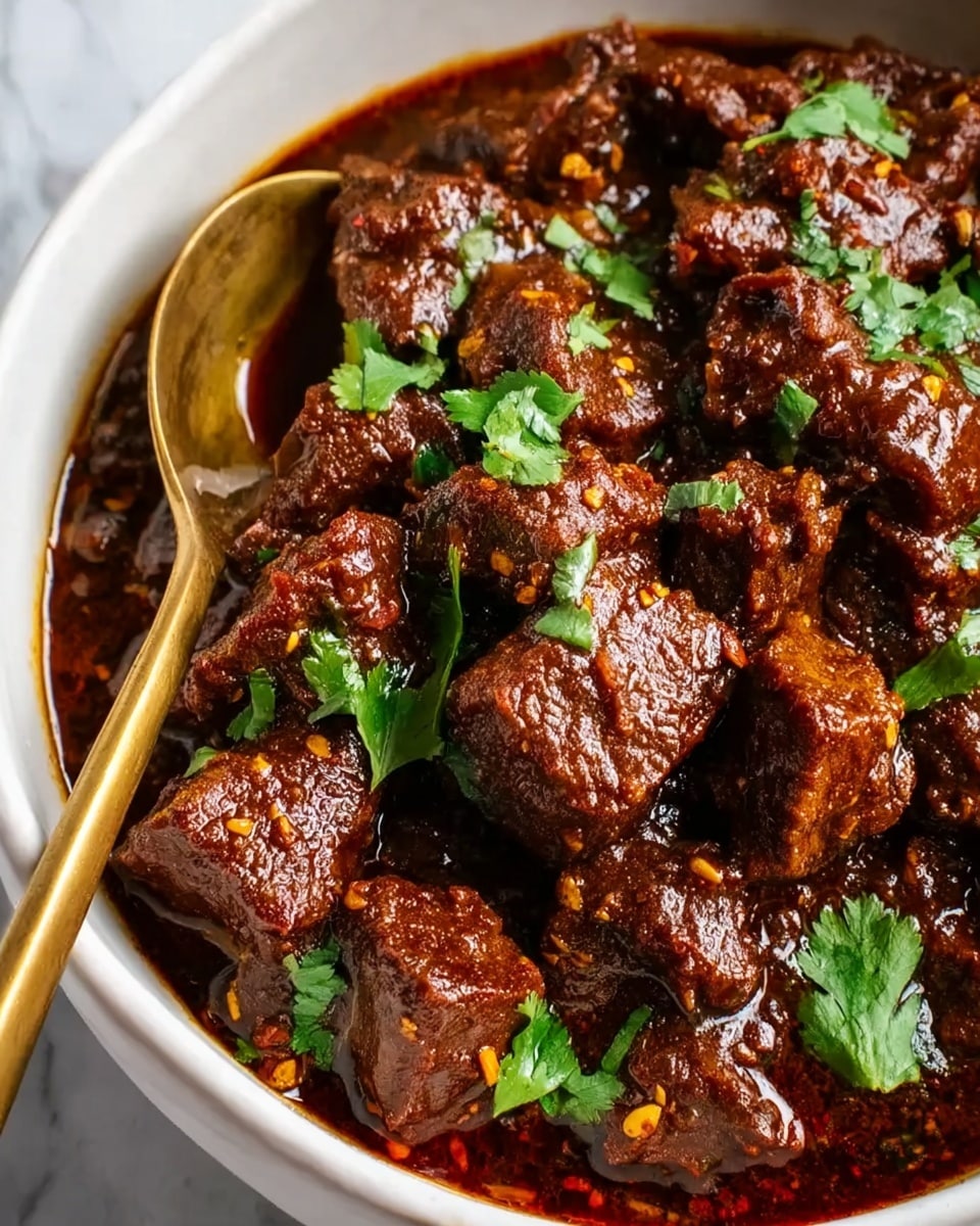 The image shows a close-up of a white bowl filled with rich, dark brown chunks of meat covered in a thick, glossy sauce with visible bits of spices and garlic. The sauce is dark reddish-brown with an oily surface that reflects light. Fresh green coriander leaves are scattered on top, adding contrast to the deep colors of the meat and sauce. A gold spoon is partially submerged in the sauce, resting on the edge of the bowl. The bowl is placed on a white marbled surface. photo taken with an iphone --ar 4:5 --v 7