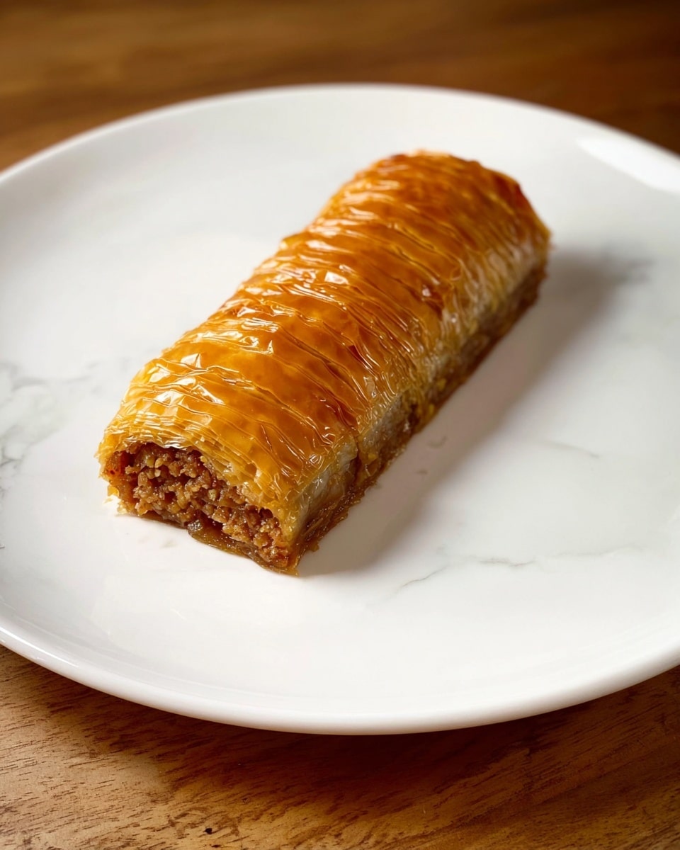 A single piece of golden brown baklava sits in the center of a large white plate, showcasing its tightly rolled layers of shiny, crispy phyllo dough wrapped around a dense, nutty filling that appears crumbly and textured with small bits. The phyllo is ribbed with fine lines running along the length, giving it a slightly wrinkled look, and a glossy finish that suggests it is coated with syrup. The plate is placed on a white marbled texture surface with a warm light softly highlighting the layered treat. photo taken with an iphone --ar 4:5 --v 7