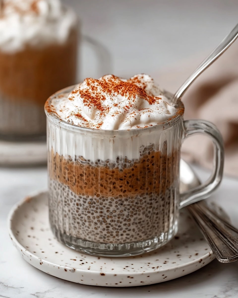 The image shows a clear glass mug filled with three visible layers of a creamy chia seed mixture. The bottom layer is light brown with tiny black chia seeds spread evenly throughout. Above that is a thick layer of white whipped cream, topped with a dusting of reddish-brown cinnamon powder. A silver spoon is placed inside the mug, partly in view. The mug sits on a white plate with speckled small brown spots, placed on a white marbled surface. Nearby, a silver knife and spoon rest to the right of the plate. In the background, another similar glass with the drink is blurred out. Photo taken with an iphone --ar 4:5 --v 7