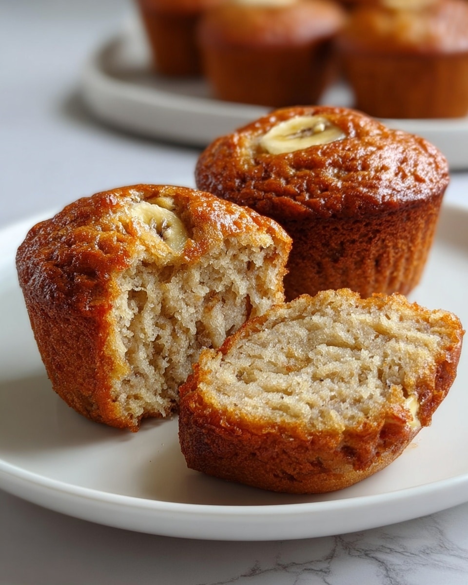 The image shows two golden brown banana muffins on a white plate set on a white marbled surface. One muffin is whole with a slightly shiny top and a small piece of banana visible in the center. The other muffin is cut in half, positioned in front, revealing a moist, light beige interior with visible bits of mashed banana throughout. The muffin’s texture looks soft and fluffy, with a slightly darker browned edge on the outside. In the background, a few more whole muffins are slightly out of focus. Photo taken with an iphone --ar 4:5 --v 7
