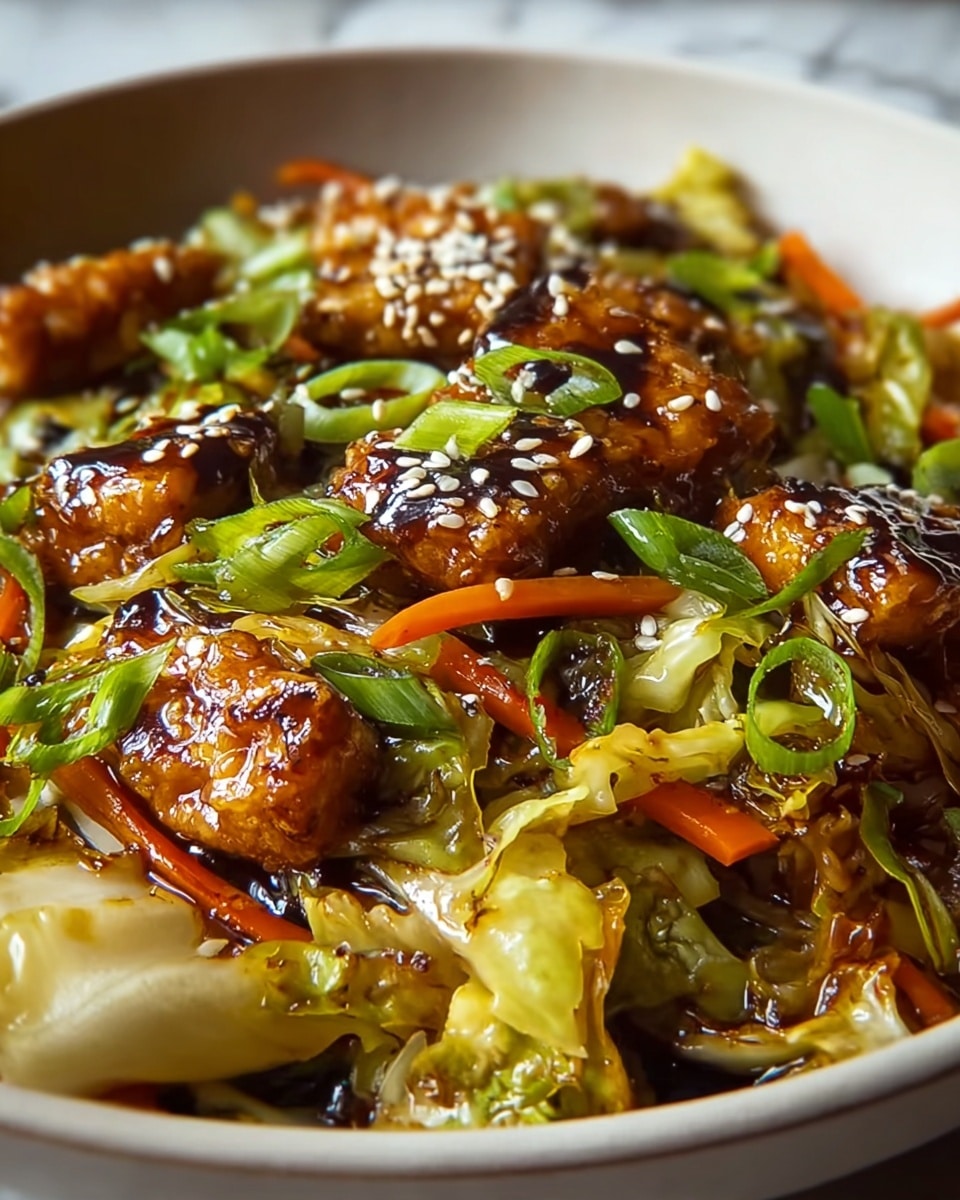 The dish shows a close-up of a stir-fry with three main layers: the bottom layer is shiny, cooked cabbage pieces in light yellow and translucent white with some soft caramelized edges; the middle layer has thin carrot strips in bright orange and cooked green onions cut into rings, scattered throughout; the top layer features golden-brown glazed tofu or chicken pieces with a slightly crispy texture, coated in a dark savory sauce and sprinkled with white sesame seeds. The food is served in a white bowl with a soft focus on the edges and a white marbled textured surface underneath. photo taken with an iphone --ar 4:5 --v 7