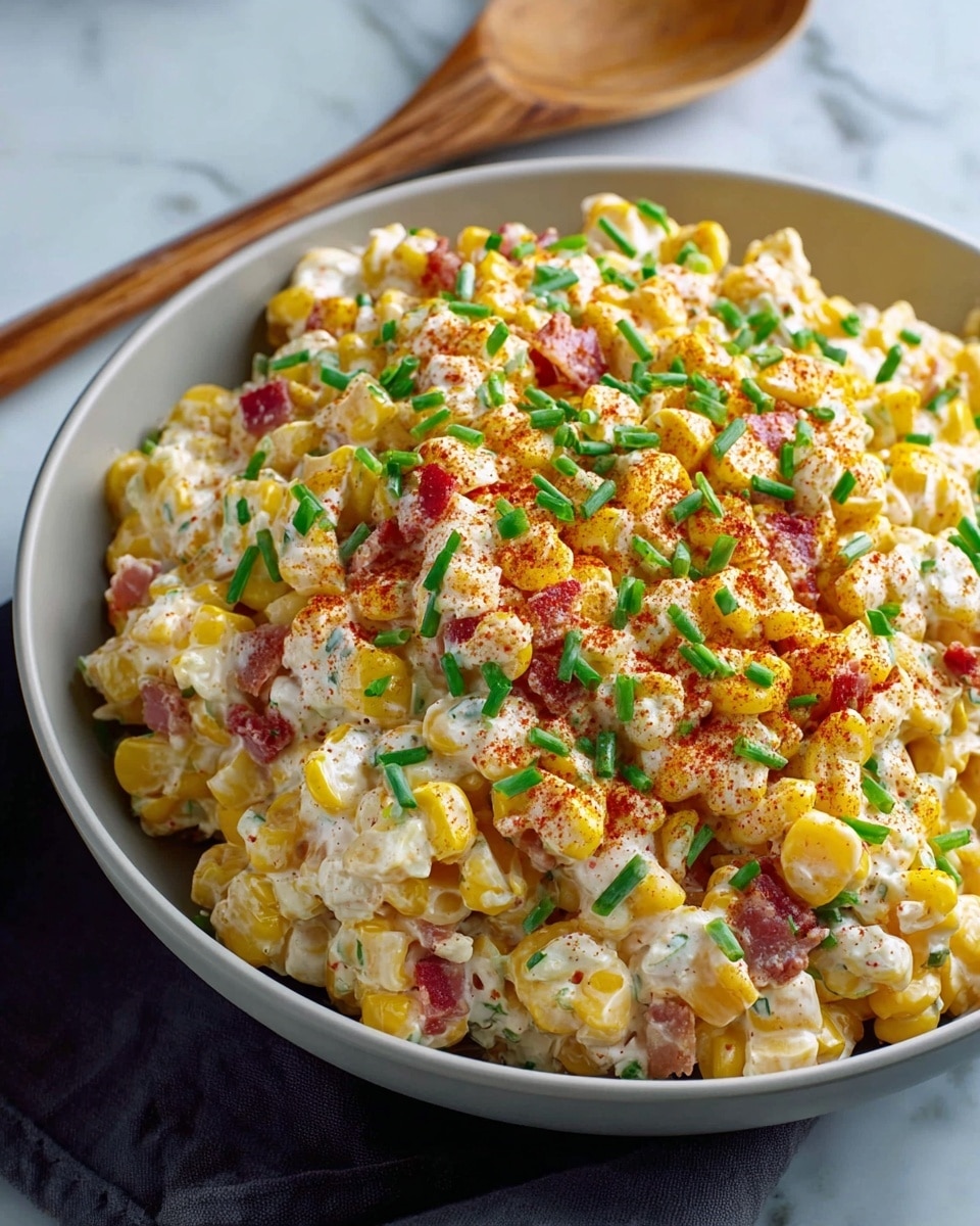 A close-up view of a creamy corn salad served in a deep white bowl. The salad has one main layer of yellow corn kernels coated evenly with a thick white creamy dressing mixed with small bits of red bacon and finely chopped green chives scattered throughout and on top. The dish is topped with a light dusting of reddish paprika powder and extra chive pieces, giving a fresh and colorful look. The bowl sits on a white marbled surface with part of a wooden spoon visible in the background. photo taken with an iphone --ar 4:5 --v 7