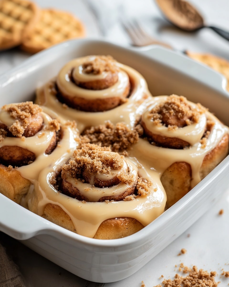 The image shows four cinnamon rolls in a white baking dish placed on a white marbled surface. Each roll is golden brown with tight spiral layers of dough and cinnamon filling. They are topped with a smooth, creamy beige icing that drips slightly down the sides. A crumbly brown sugar streusel is sprinkled generously on top of each roll, adding texture and contrast. The background has some blurred biscuits and a spoon, giving a warm and cozy feel. Photo taken with an iphone --ar 4:5 --v 7