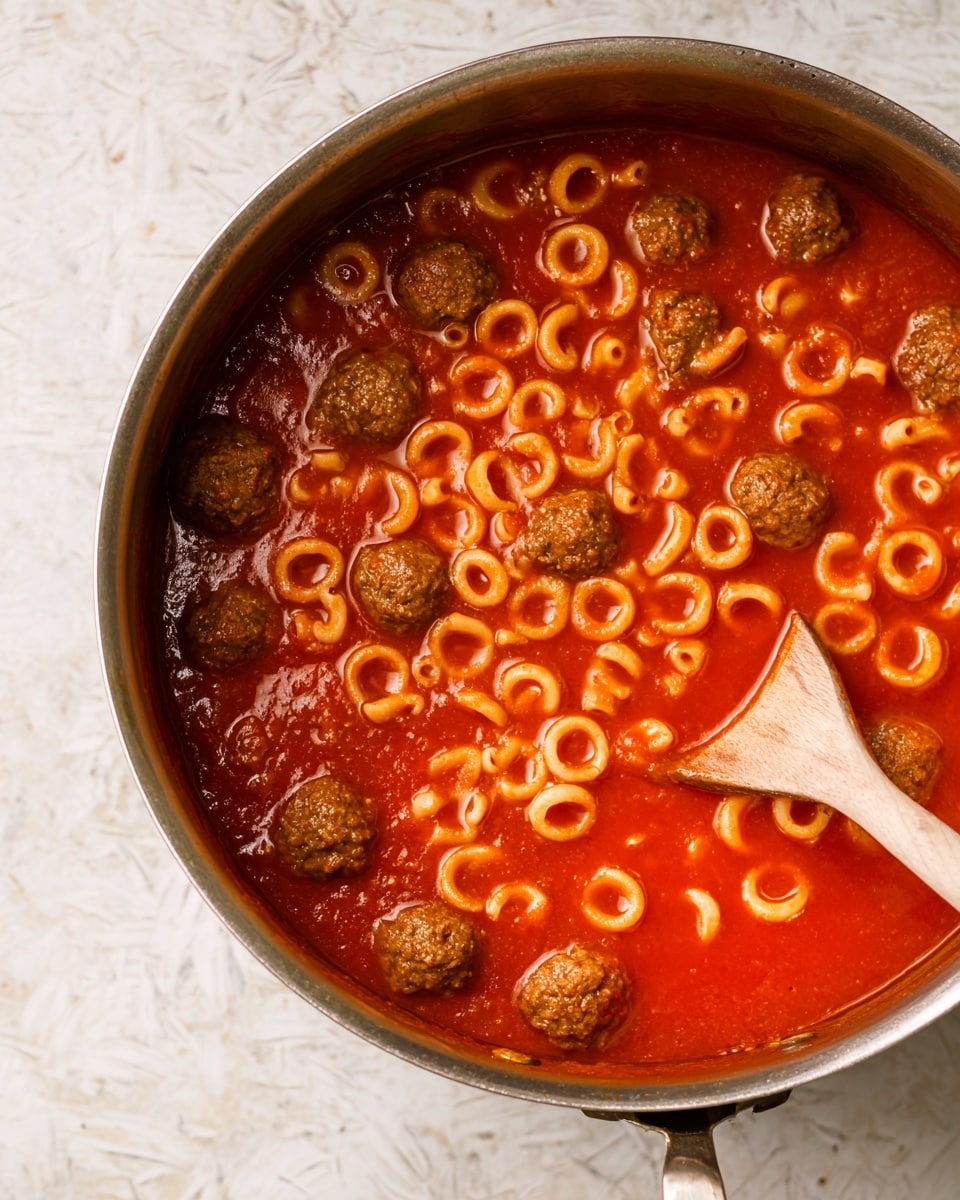 A large silver pot filled with a bright red tomato sauce holding small round brown meatballs and small ring-shaped pasta floating throughout. A light wooden spoon is partially submerged in the sauce, resting inside the pot near its edge. The pot is placed on a white marbled textured surface. photo taken with an iphone --ar 4:5 --v 7