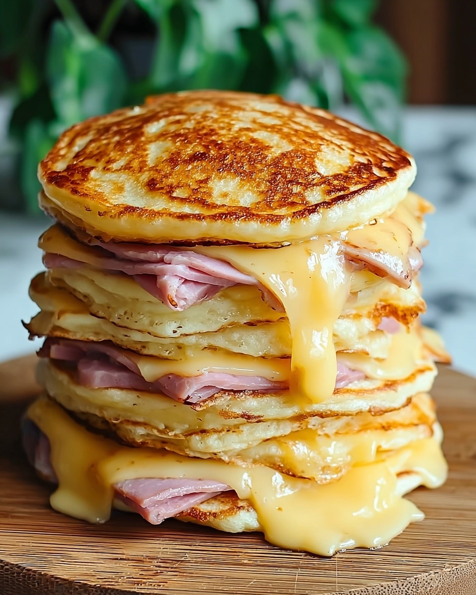 A stack of three thick, golden-brown pancakes with a slightly crisp surface, each separated by thin layers of melted yellow cheese and pink slices of ham peeking out from between the pancakes. The cheese is soft and gooey, oozing gently over the sides. The stack sits on a wooden surface with a blurred green plant in the background, all set against a white marbled texture. Photo taken with an iphone --ar 4:5 --v 7
