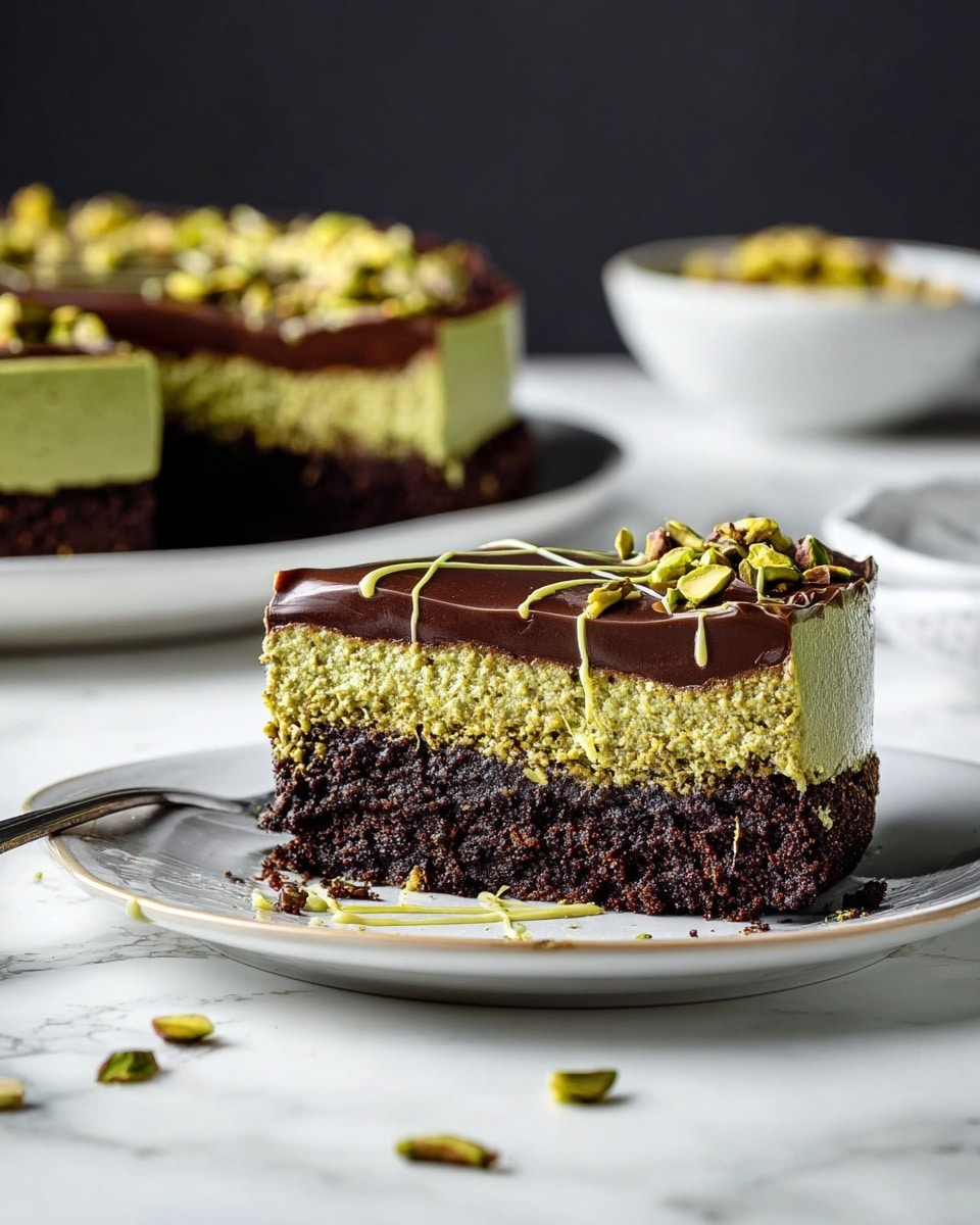 The image shows a three-layer cake on a white plate with a slightly raised edge, placed on a white marbled surface. The bottom layer is a dark, rich chocolate cake with a moist texture. Above this is a thick middle layer of bright green pistachio cream or mousse, textured with small pieces or strands visible. The top layer is a smooth, glossy dark chocolate ganache, decorated with scattered thin slices of green pistachio nuts and gentle drizzles of a lighter green sauce. A slice is cut out of the cake revealing these layers clearly, and some pistachio slivers are scattered on the plate and surface around the cake. In the blurred background, there is a white bowl with more pistachio slices and another plate with a slice of the same cake. photo taken with an iphone --ar 4:5 --v 7
