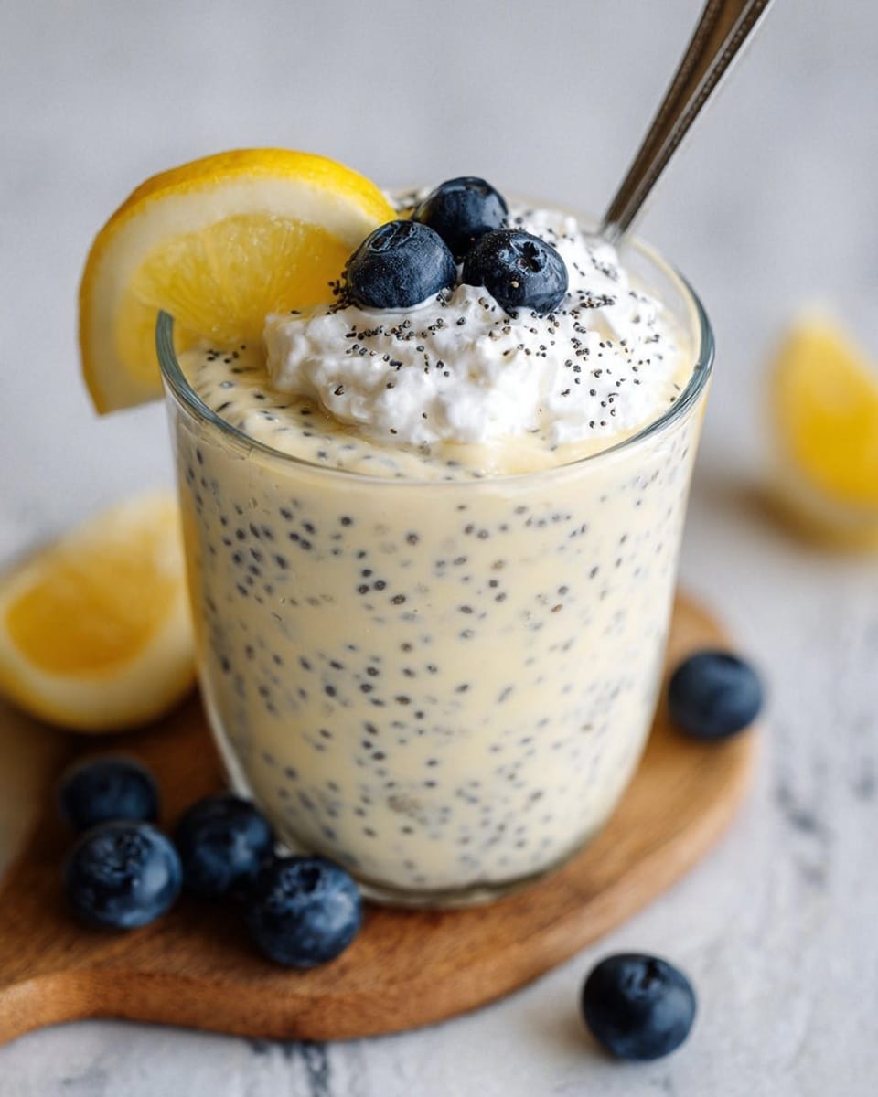 A clear glass cup filled with a creamy, pale yellow pudding speckled with many tiny black seeds, topped with a dollop of white whipped cream sprinkled with black seeds, three dark blue blueberries, and a bright yellow lemon wedge leaning on the whipped cream. A silver spoon is placed inside the cup on the left side. The cup sits on a wooden board with more blueberries and another lemon wedge on the white marbled surface around it. photo taken with an iphone --ar 4:5 --v 7