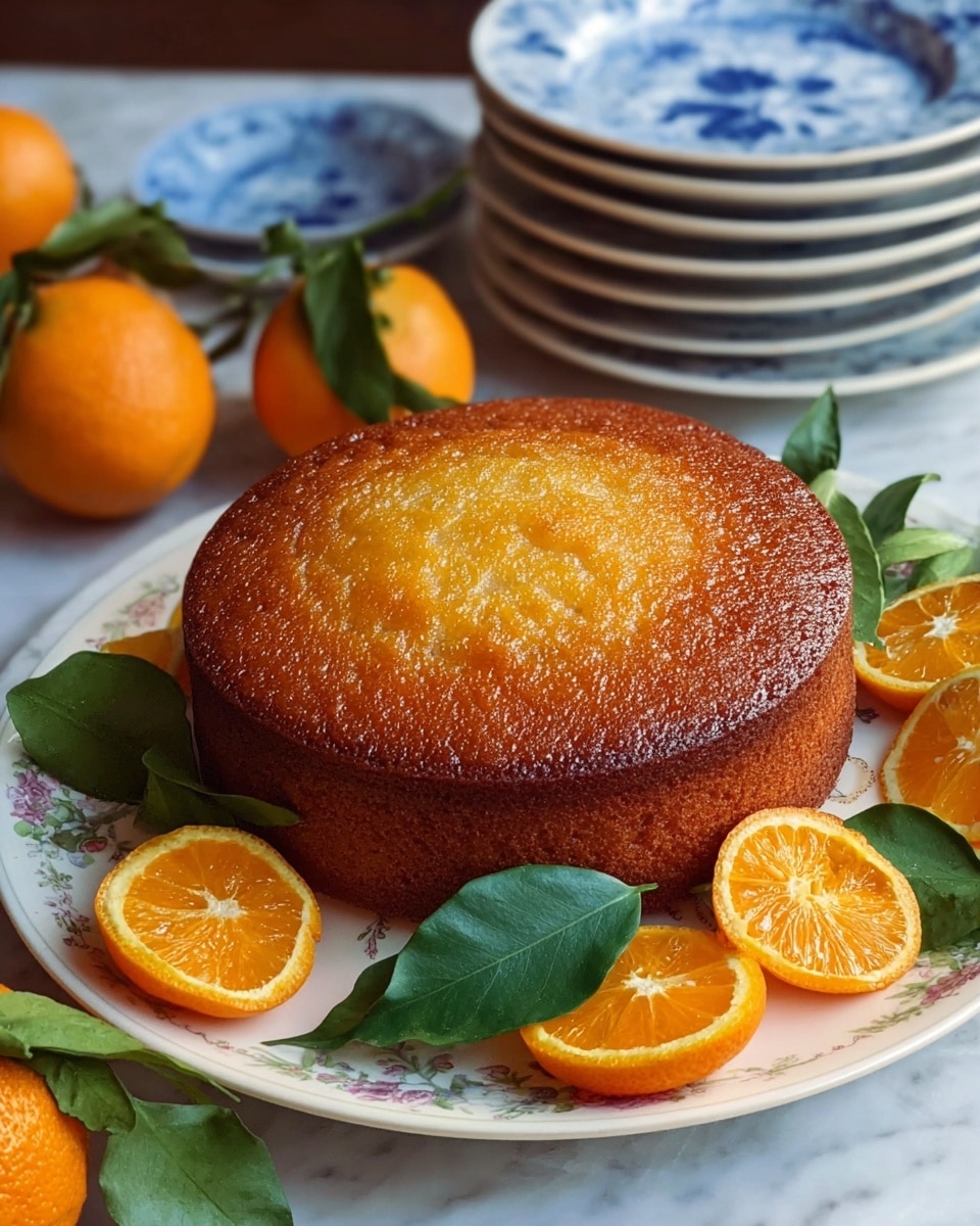 A single-layer golden brown cake with a shiny, slightly uneven textured top sits on a white plate with delicate floral patterns. Around the cake, fresh whole oranges and bright orange slices with visible juicy pulp are arranged, along with green leaves adding a natural touch. The background shows stacked white plates with blue designs placed on a white marbled surface, enhancing the warm, fresh, and inviting feel of the scene. Photo taken with an iphone --ar 4:5 --v 7