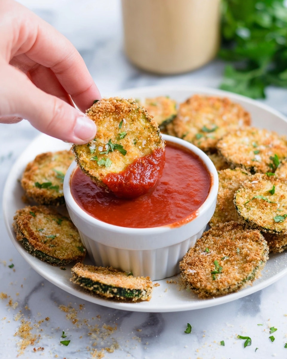 A woman's hand holds a round, golden-brown fried zucchini slice coated with crispy breadcrumbs and green herbs, dipping it into a small white ramekin filled with thick, rich red marinara sauce. The ramekin sits in the center of a white plate surrounded by more crispy, golden zucchini slices, some sprinkled with small bits of green parsley. The plate rests on a white marbled surface with a few scattered breadcrumbs and parsley pieces. In the blurred background, there is a bunch of green herbs and a light beige container. photo taken with an iphone --ar 4:5 --v 7