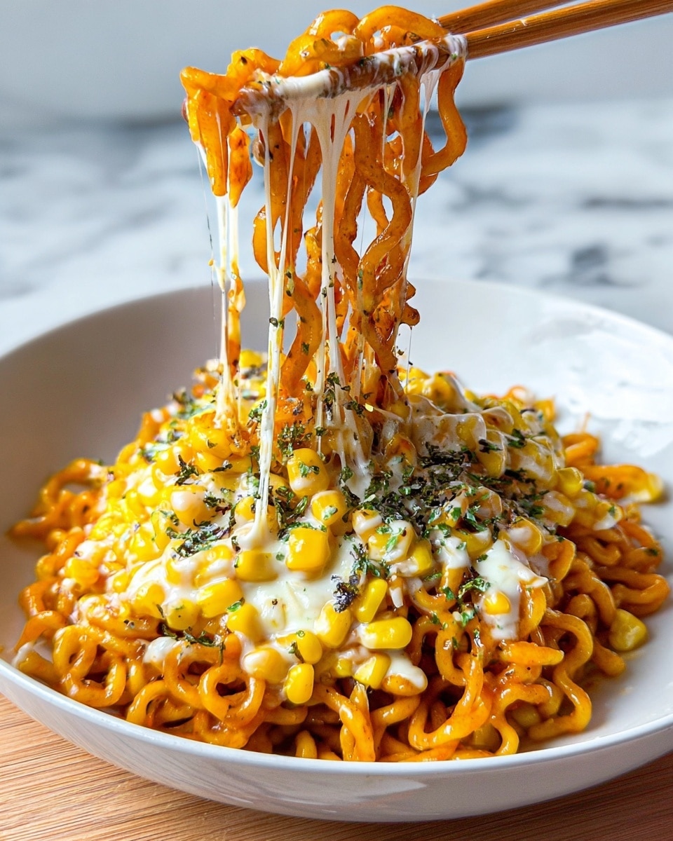 This image shows a white bowl filled with curly orange noodles at the bottom, topped by a generous layer of yellow corn kernels mixed with melted white cheese that stretches as a pair of chopsticks lifts the noodles. Tiny green herbs are sprinkled evenly over the cheese and corn, adding a touch of color. The noodles appear saucy and glossy, with the cheese creating long, thin strands connecting the chopsticks to the food in the bowl. The background features a white marbled surface that helps the vibrant colors of the dish stand out clearly. photo taken with an iphone --ar 4:5 --v 7