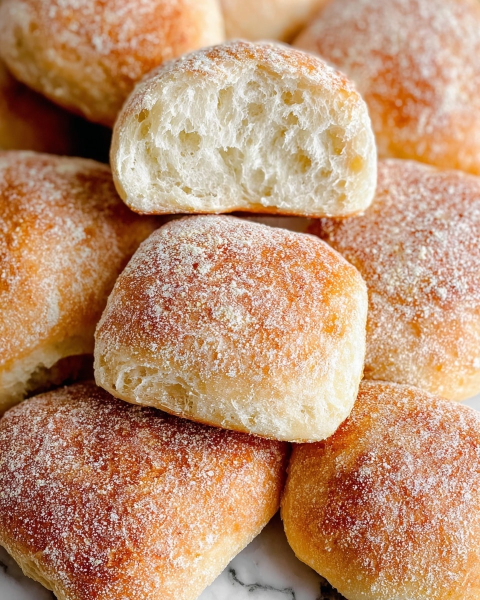 A close-up of several small, square-shaped bread rolls with a golden-brown crust dusted with white flour on top. One roll is cut in half, showing a light, airy, and soft inside with a pale cream color. The bread pieces are placed closely together on a white marbled surface, giving a warm and fresh baked look. The texture of the crust appears slightly rough and crunchy. photo taken with an iphone --ar 4:5 --v 7